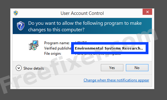 Screenshot where Environmental Systems Research Institute appears as the verified publisher in the UAC dialog